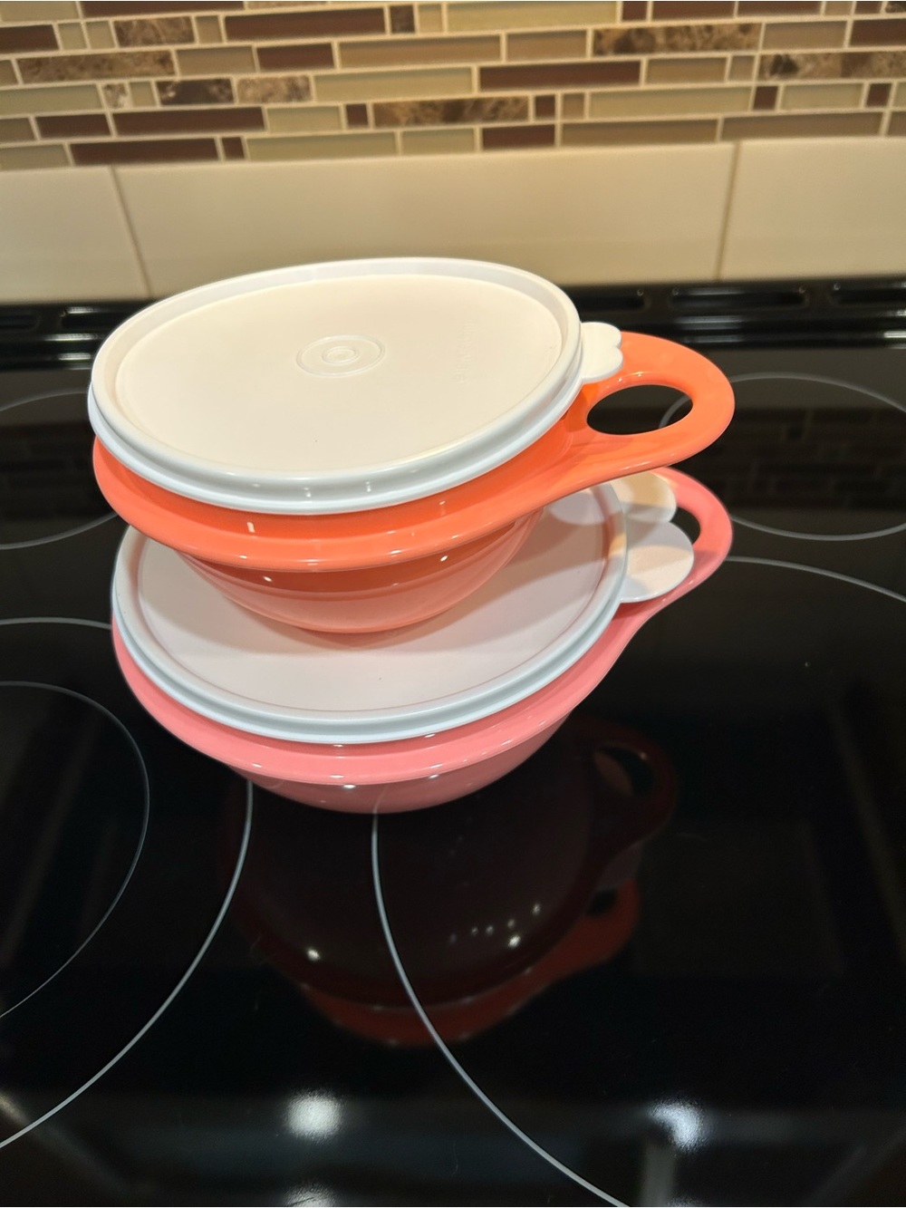 Tupperware Coral and Pink plastic Prep Bowls with White Lids